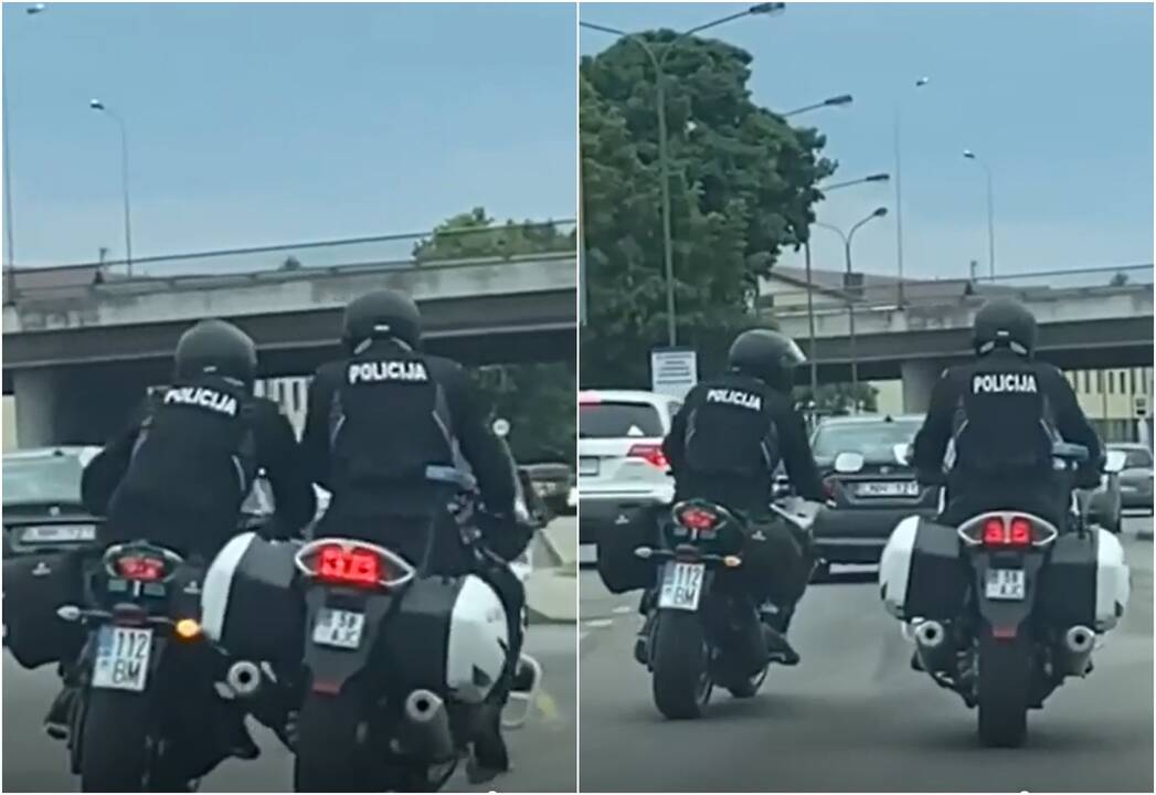 Smūgis: vairuotojai nufilmavo, kaip du policijos pareigūnai Liepų g. patyrė nežymią avariją – vienas motociklininkų kliudė kitо tarnybinį motociklą.