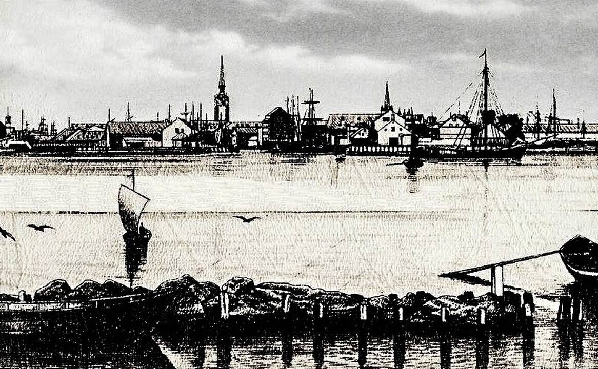Vaizdas: XIX a., apie 1880 m., Klaipėdos miesto ir uosto piešinys (žvelgiant nuo Smiltynės pusės).