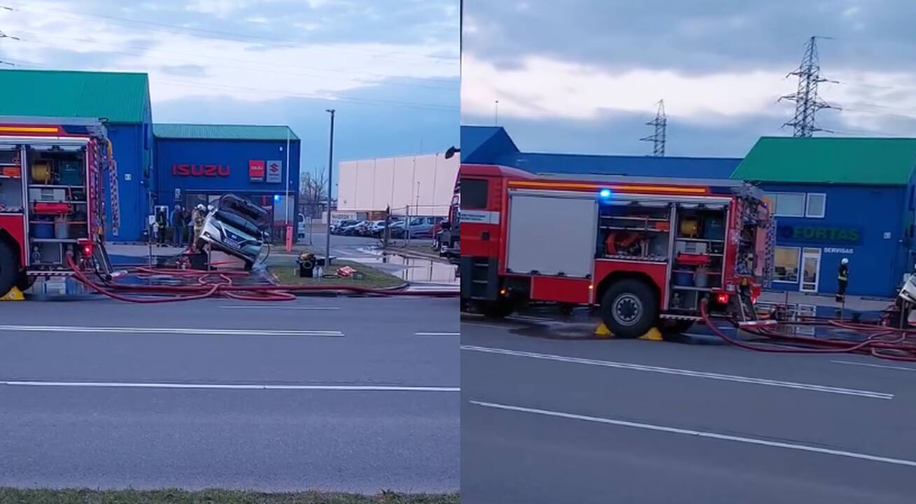 Šalia autoserviso degė lengvojo automobilio elektrinė baterija (papildyta)
