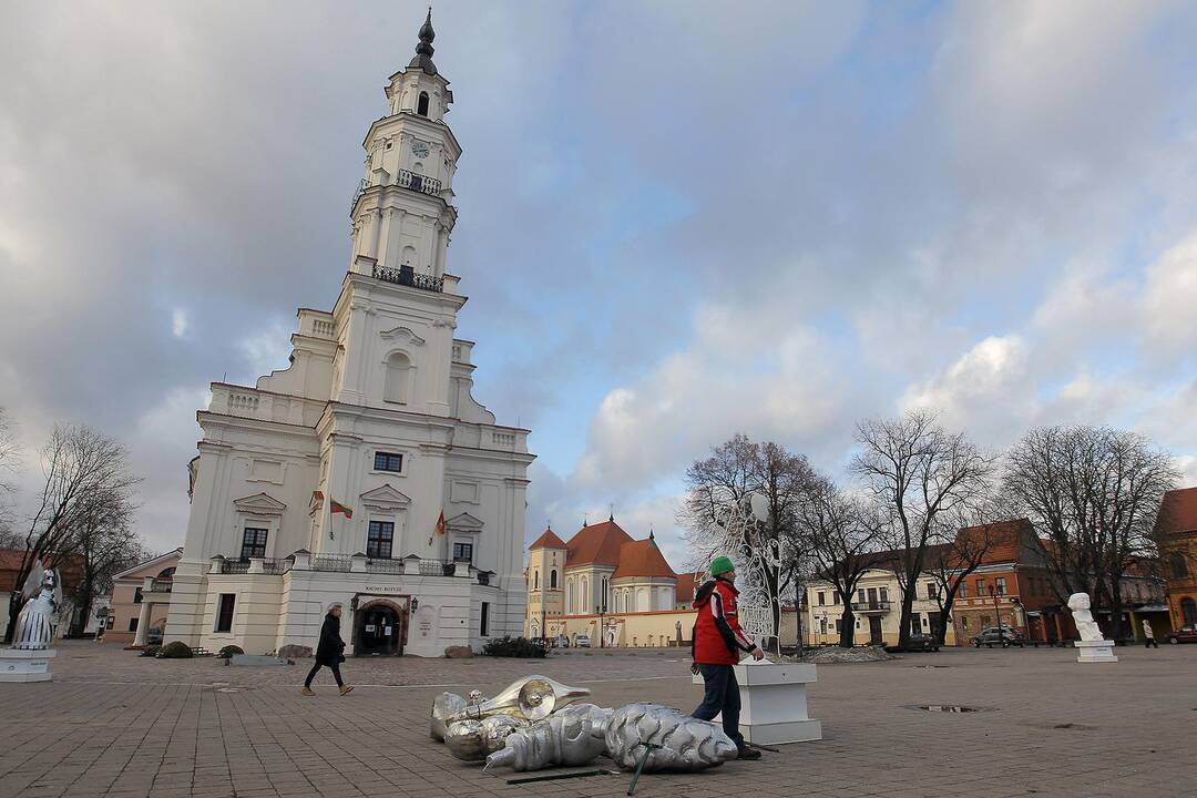 Rotušės aikštėje nupuošiama Kauno Kalėdų eglė.