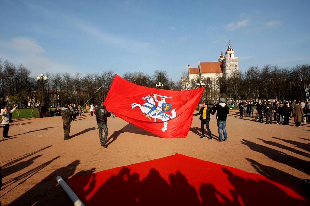 Vilniuje Lukiškių aikštėje iškelta rekordinio dydžio Vyčio vėliava