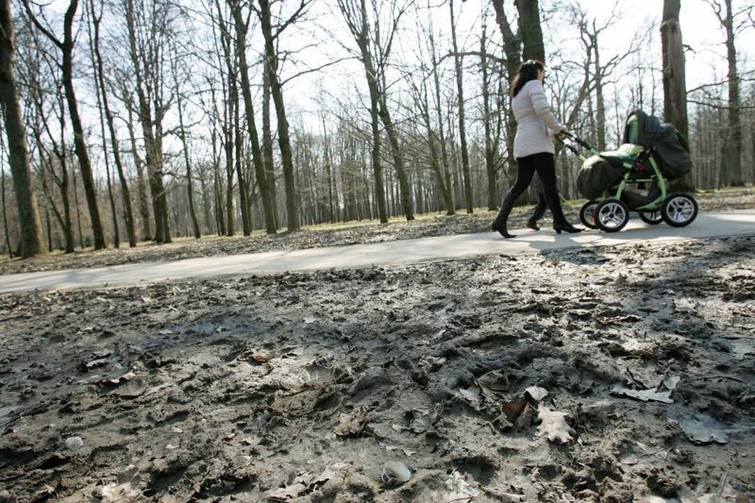 Į pramogų aikšteles Ąžuolyne tenka klampoti per purvyną