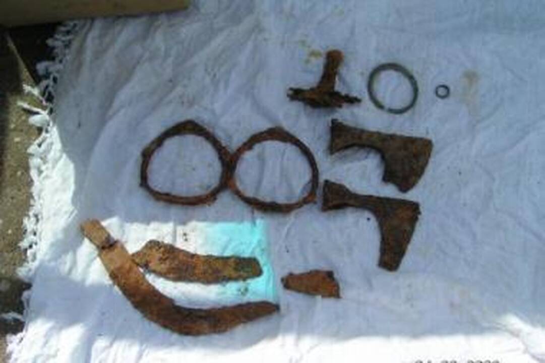 Grobis: juodieji archeologai iš senųjų kuršių kapų Skuodo rajone iškasė žąslų dalį, geriamojo rago apvadą, žiedą, pentinus, kirvį, pjautuvą.