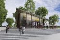 Vizija: keleivių paviljono ir informacinio centro pastatas bus šiuolaikiškas, stikliniais fasadais, tapytomis lubomis.