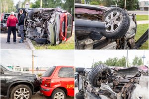 Vilniuje girta moteris rėžėsi į šešis automobilius: nuo smūgio vienas virto ant šono