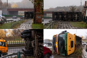 Vilniuje apvirto ant atitvaro užvažiavęs vilkikas