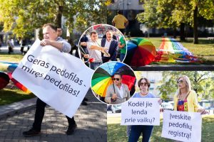 LGBTQ atstovų proteste – ir skambūs pareiškimai: „Geras pedofilas – miręs pedofilas“