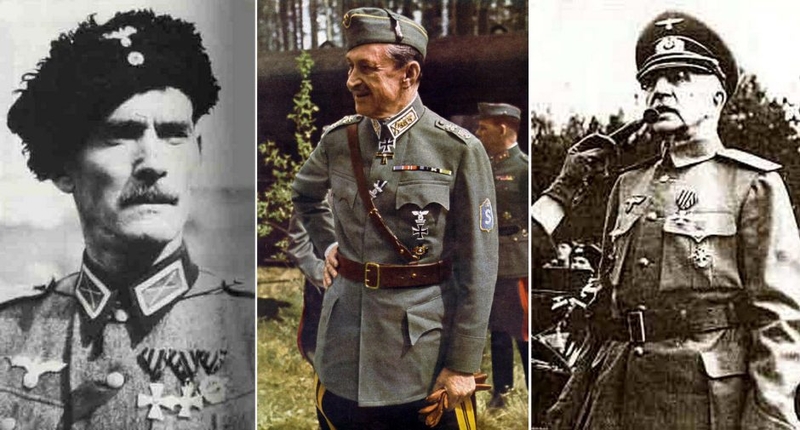 Michailas Skorodumovas (kairėje), K.G.E.Manerheimas ir Dono kazokų atamanas P.Krasnovas kariavo priešingoje Raudonajai armijai pusėje, bet jų uniformas puošė šv. Jurgio ordinai.