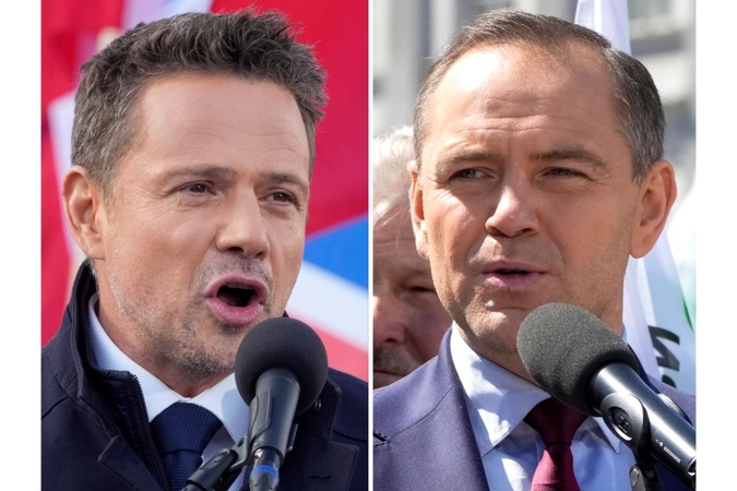 Rafalas Trzaskowskis (kairėje) ir Karolis Nawrockis.