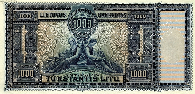 Adomas Galdikas. Lietuvos banko 1000 litu banknoto reverso pavyzdys. 1924 m. gruodžio 11 d. laida.