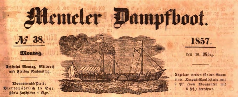 Stilius: prie "Memeler Dampfboot" pavadinimo patraukliai atrodo čia nuolat besikartojantis laivo vaizdas.