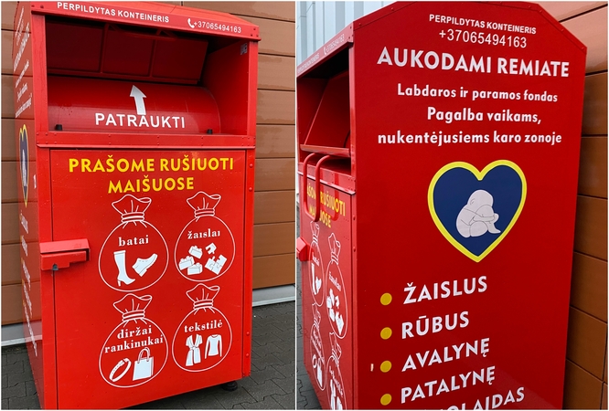Klaidos: labdaros fondui „Pagalba vaikams, nukentėjusiems karo zonoje“ priklauso dešimtys konteinerių, kurių užrašai – su gramatinėmis klaidomis.