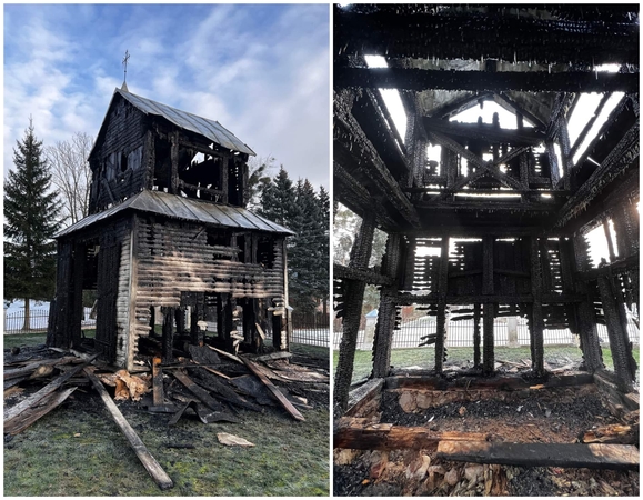 Visiškai supleškėjo Skriaudžių bažnyčios varpinė: padegė piktavaliai?