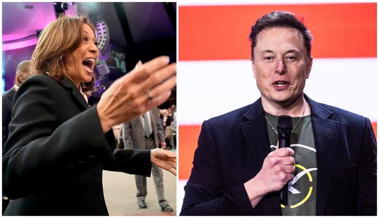 Kamala Harris ir  Elonas Muskas.