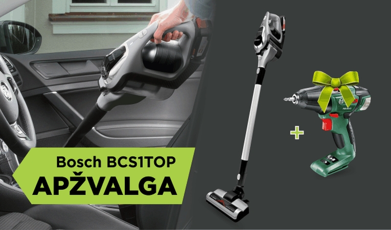 Analogų neturintis belaidis dulkių siurblys „Bosch BCS1TOP“ (apžvalga)
