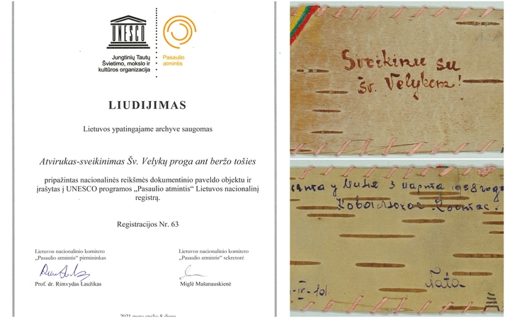 Sovietiniame lageryje rašytas atvirlaiškis ant beržo tošies įtrauktas į UNESCO registrą