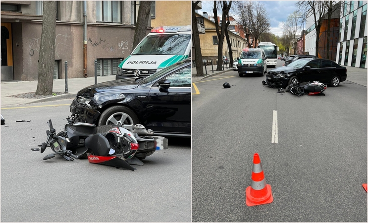 Kauno centre – skaudus susidūrimas: motociklininkui prireikė medikų pagalbos