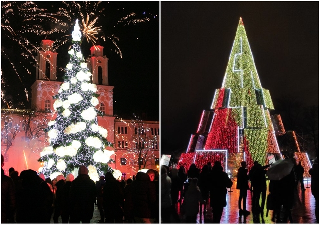 Kauno Kalėdų eglė (kairėje) ir Vilniaus Kalėdų eglė (dešinėje)