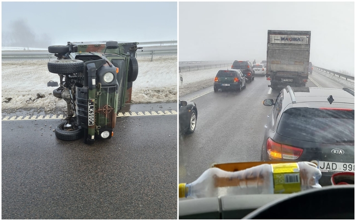 Greitkelyje apvirto kariškių sunkvežimis, nusidriekė įspūdinga spūstis
