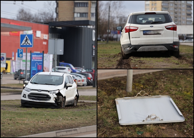 V. Krėvės pr. – apdaužytas „Ford“ ir besimėtančios kelio ženklo dalys