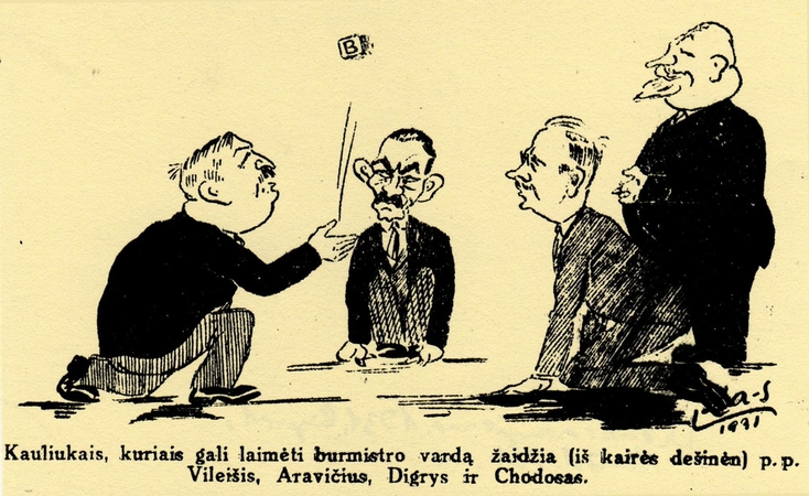 Aktualija: kauliukais, kuriais galima laimėti burmistro vietą, žaidžia – L.Kagano karikatūroje atpažįstamas Jonas Vileišis, Petras Aravičius, Stasys Digrys ir Leiba Chodosas.