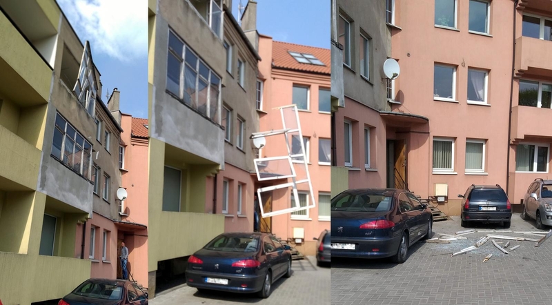 Per plauką nuo tragedijos: ant mašinų driokstelėjo seni balkono langai