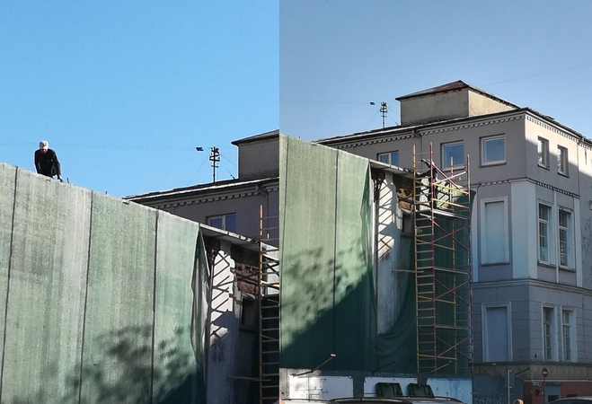Judesys: ant sudegusio pastato vaikštinėjęs darbininkas žvalgėsi, kaip pataisyti vėjo nudrėkstą tinklą.