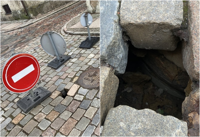 Apstatė: gruodį Kurpių gatvėje atsivėrus įgriuvai, mėnesį gatvėje stovėjo eismą draudžiantys ženklai.