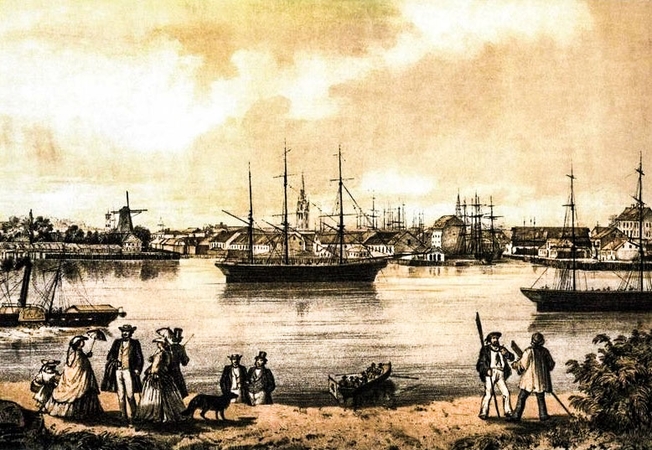 Priminimas: 1854 m. G.Waldhauerio graviūroje vaizduojama Klaipėda su burlaiviais.
