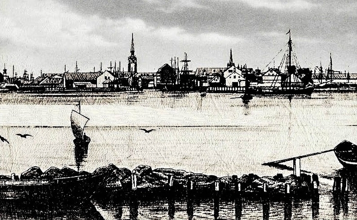 Vaizdas: XIX a., apie 1880 m., Klaipėdos miesto ir uosto piešinys (žvelgiant nuo Smiltynės pusės).