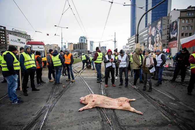 Varšuvos centre protestavę ūkininkai degino padangas ir barstė obuolius